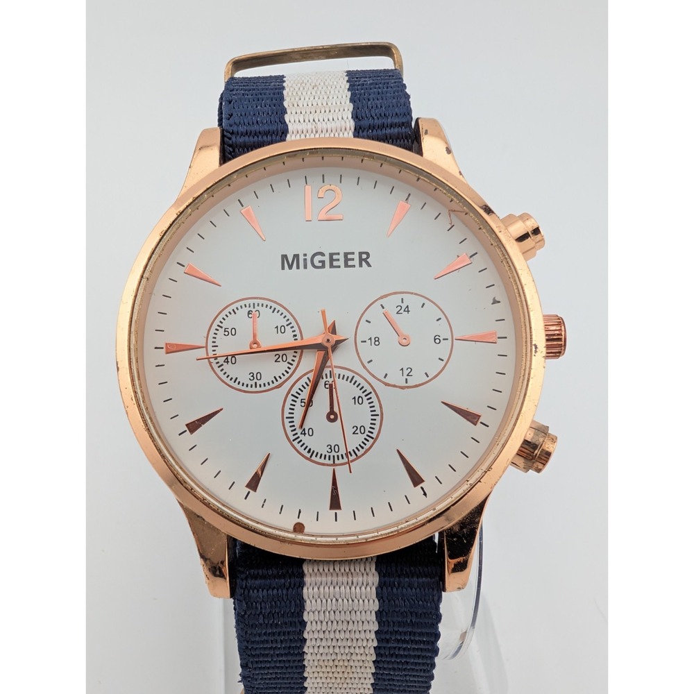 Migeer Watch Men 42mm Gold Case Blue/White Canvas Band- New Battery
